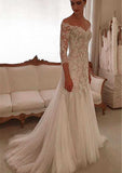 Charming Tulle Sweep Train Sheath/Column Wedding Dress with 3/4 Sleeves, Off-The-Shoulder Design, and Covered Button with Appliqued BM bride