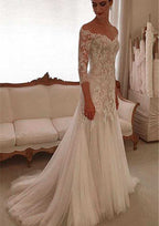 Charming Tulle Sweep Train Sheath/Column Wedding Dress with 3/4 Sleeves, Off-The-Shoulder Design, and Covered Button with Applique BM bride