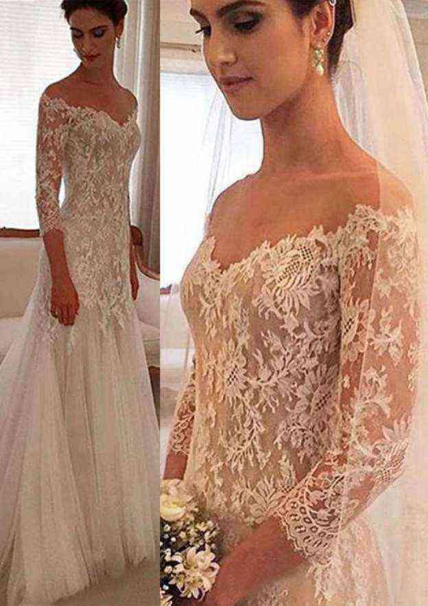 Charming Tulle Sweep Train Sheath/Column Wedding Dress with 3/4 Sleeves, Off-The-Shoulder Design, and Covered Button with Appliqued BM bride