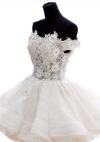 Refined Off-the-Shoulder Short/Mini Organza Wedding Dress with Appliqued Accents in A-Line/Princess Fit BM bride