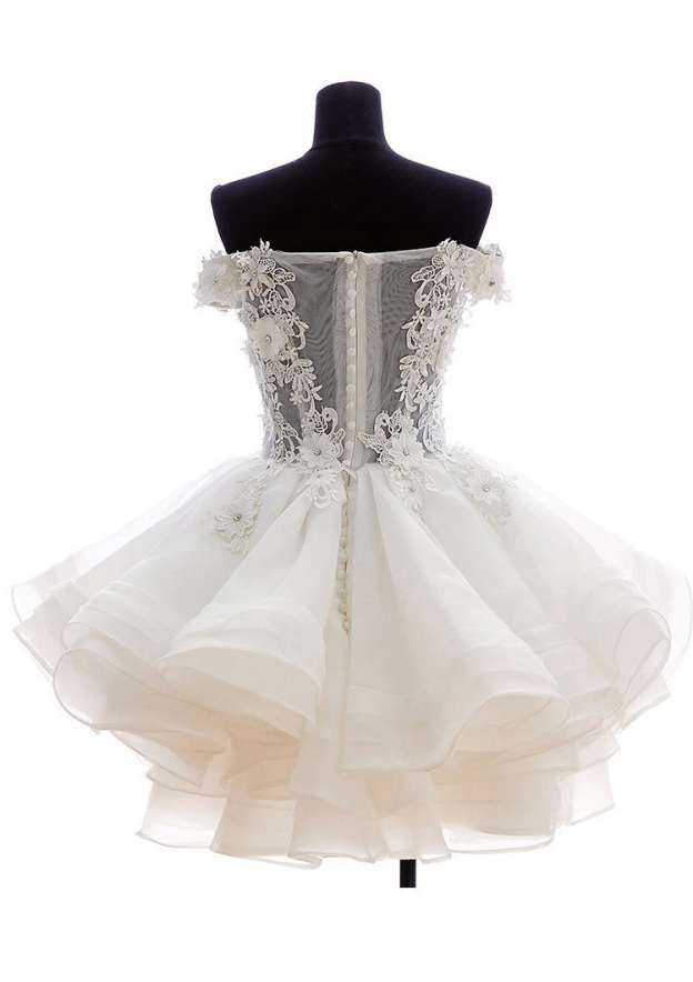 Refined Off-the-Shoulder Short/Mini Organza Wedding Dress with Appliqued Accents in A-Line/Princess Fit BM bride