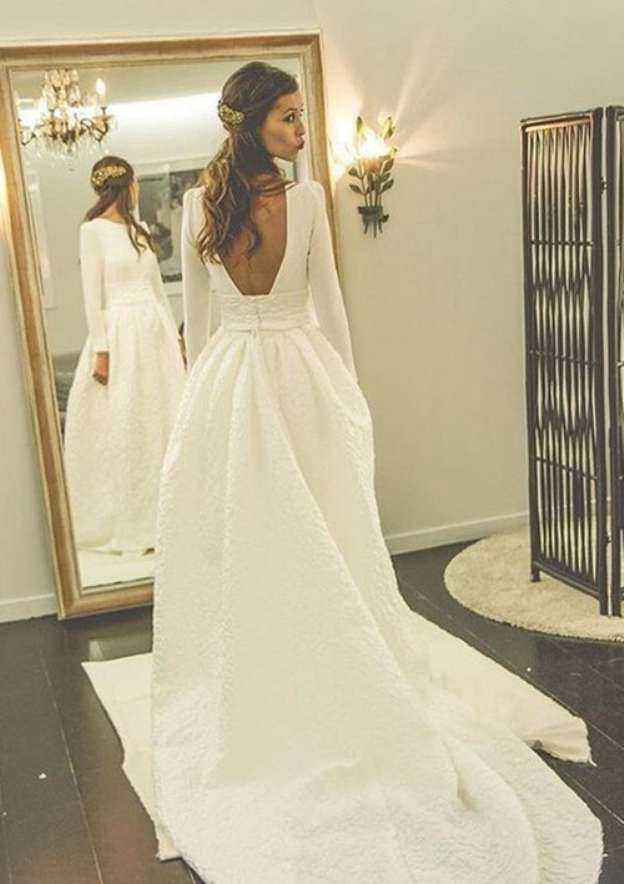 Appliqued Bateau Full/Long Sleeve Lace A-Line/Princess Wedding Dress with Court Train and Zipper Closure BM bride