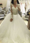 Elegant V-Neck Ball Gown Tulle Court Train Wedding Dress with Full/Long Sleeve Covered Button and Applique Waistband BM bride
