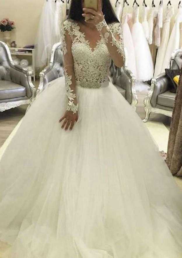 Elegant V-Neck Ball Gown Tulle Court Train Wedding Dress with Full/Long Sleeve Covered Button and Applique Waistband BM bride