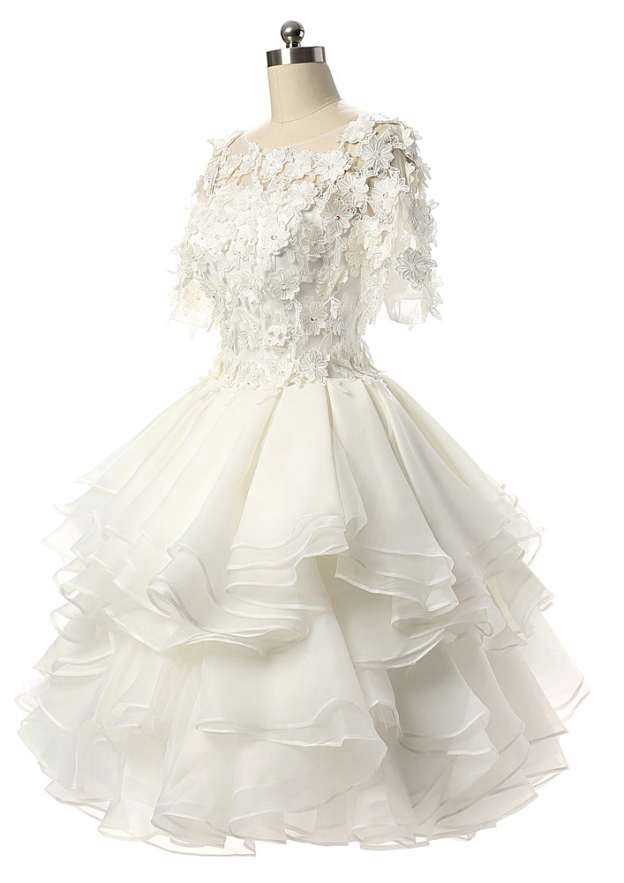 Elegant Bateau Short/Mini Organza Wedding Dress with Appliqued Details in A-Line/Princess Silhouette BM bride