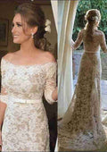 Stylish Off-the-Shoulder Sheath/Column Lace Wedding Dress with Court Train and Waistband Detail BM bride