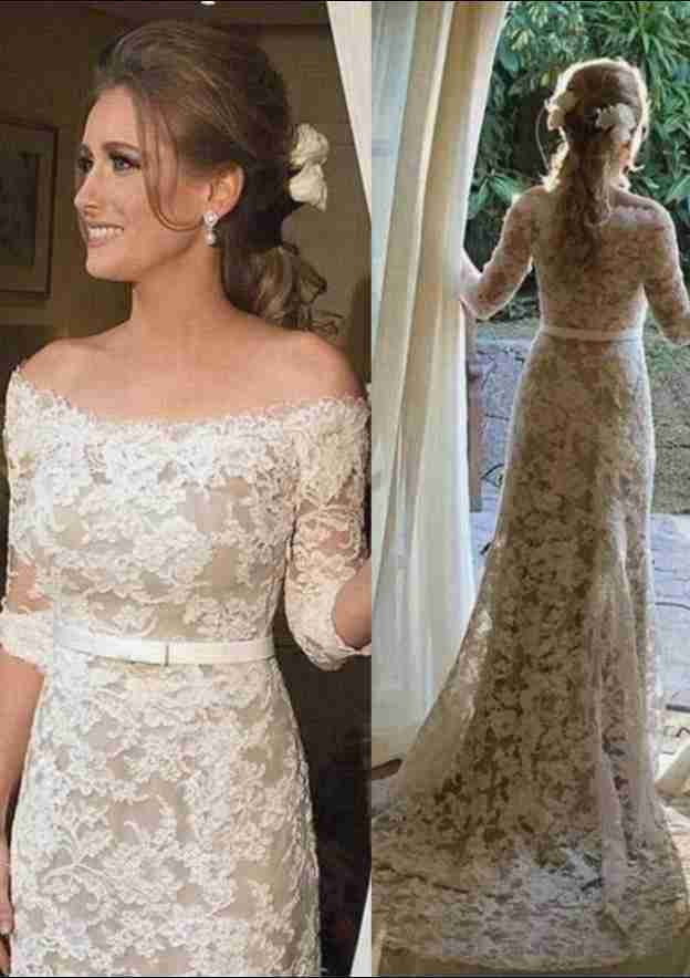 Stylish Off-the-Shoulder Sheath/Column Lace Wedding Dress with Court Train and Waistband Detail BM bride