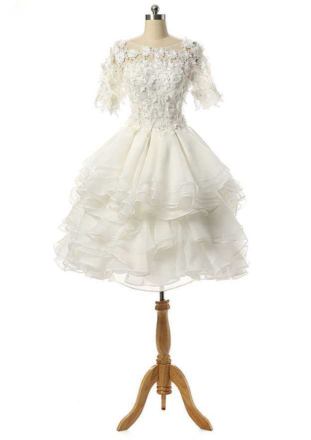 Elegant Bateau Short/Mini Organza Wedding Dress with Appliqued Details in A-Line/Princess Silhouette BM bride