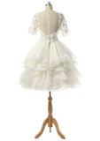 Elegant Bateau Short/Mini Organza Wedding Dress with Appliqued Details in A-Line/Princess Silhouette BM bride