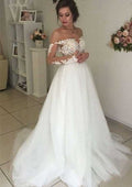 Appliqued Off-The-Shoulder Full/Long Sleeve Tulle A-Line/Princess Wedding Dress with Sweep Train and Zipper Closure BM bride