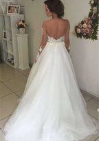 Appliqued Off-The-Shoulder Full/Long Sleeve Tulle A-Line/Princess Wedding Dress with Sweep Train and Zipper Closure BM bride