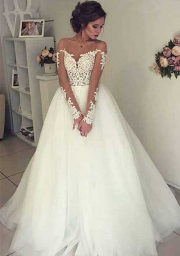 Appliqued Off-The-Shoulder Full/Long Sleeve Tulle A-Line/Princess Wedding Dress with Sweep Train and Zipper Closure BM bride