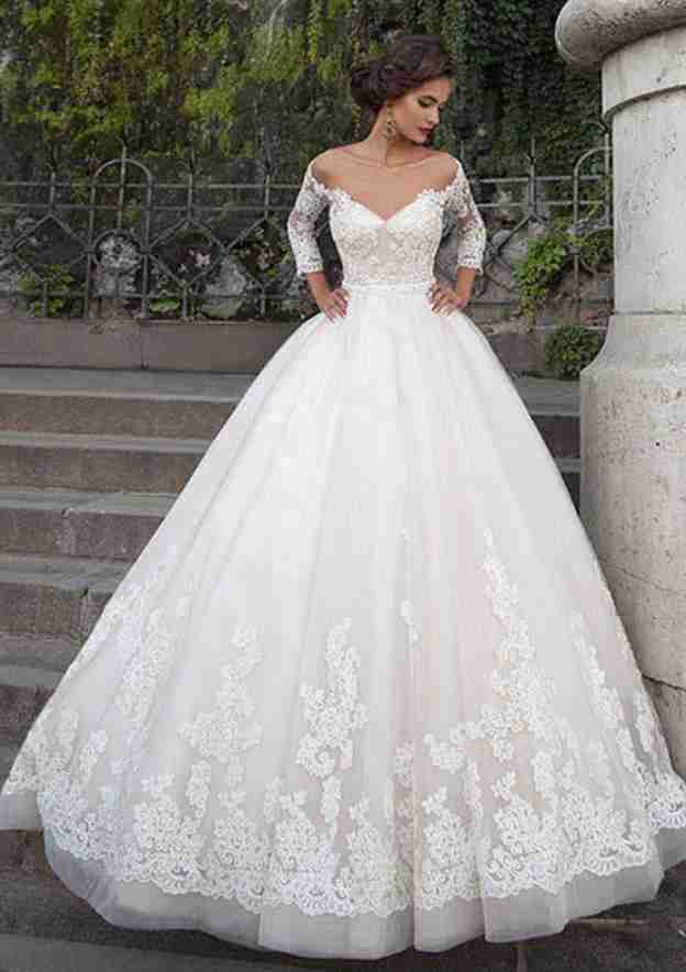Regal Ball Gown: Off-the-Shoulder 3/4 Sleeve with Chapel Train and Tulle Lace Sashes BM bride