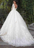Regal Ball Gown: Off-the-Shoulder 3/4 Sleeve with Chapel Train and Tulle Lace Sashes BM bride