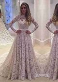 Waistband Lace A-Line/Princess Wedding Dress with Bateau Neckline and Court Train BM bride