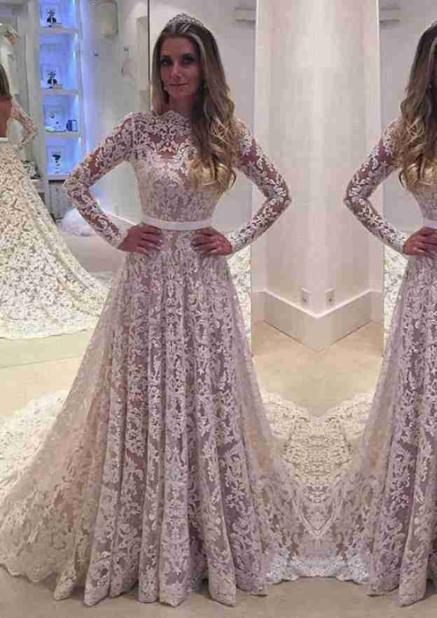 Waistband Lace A-Line/Princess Wedding Dress with Bateau Neckline and Court Train BM bride