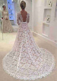 Waistband Lace A-Line/Princess Wedding Dress with Bateau Neckline and Court Train BM bride