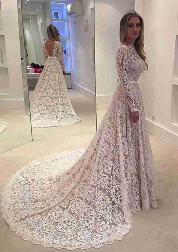 Waistband Lace A-Line/Princess Wedding Dress with Bateau Neckline and Court Train BM bride