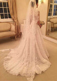 Delicate Short Sleeve Sweetheart A-Line/Princess Lace Chapel Train Wedding Dress with Covered Button and Beaded Applique BM bride