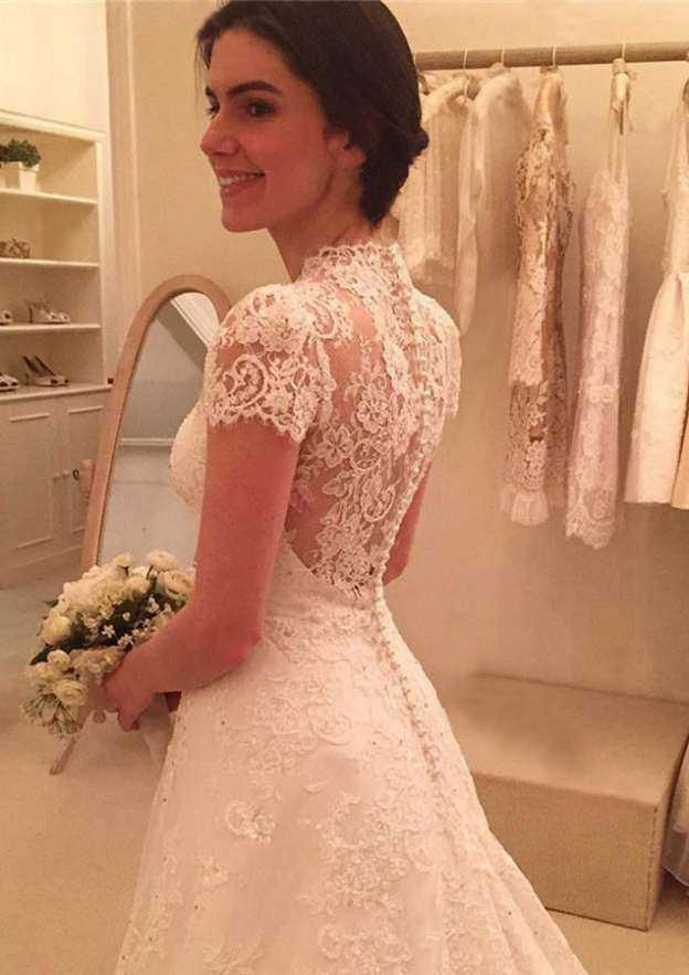 Delicate Short Sleeve Sweetheart A-Line/Princess Lace Chapel Train Wedding Dress with Covered Button and Beaded Appliqued BM bride