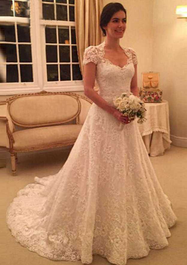 Delicate Short Sleeve Sweetheart A-Line/Princess Lace Chapel Train Wedding Dress with Covered Button and Beaded Applique BM bride
