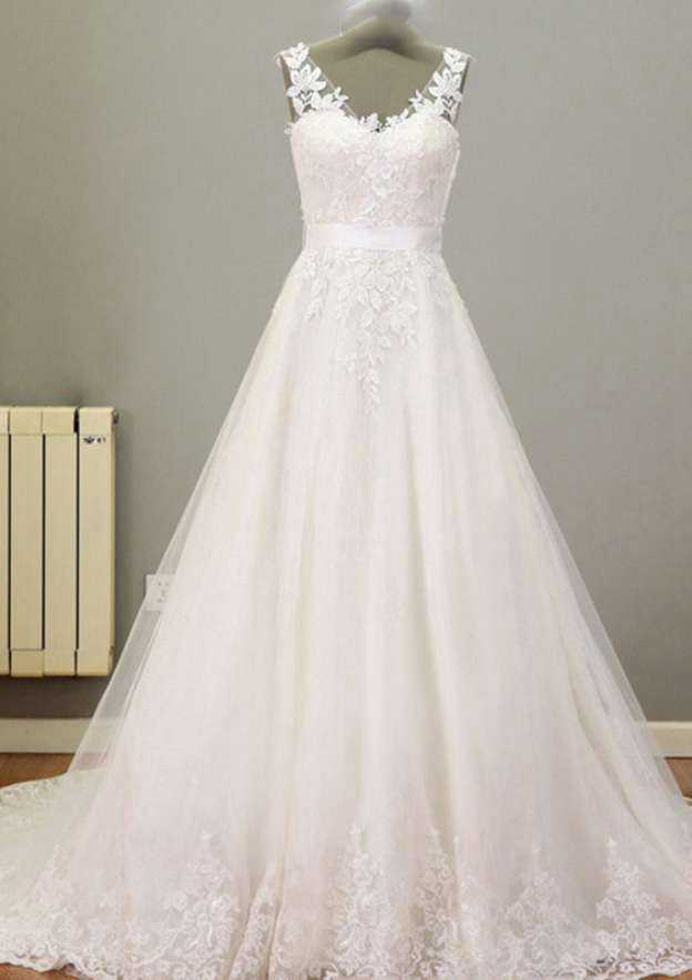 Refined Appliqued V-Neck Lace A-Line/Princess Wedding Dress with Court Train BM bride