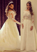 Sophisticated Appliqued Off-The-Shoulder Tulle A-Line/Princess Wedding Dress with Court Train BM bride