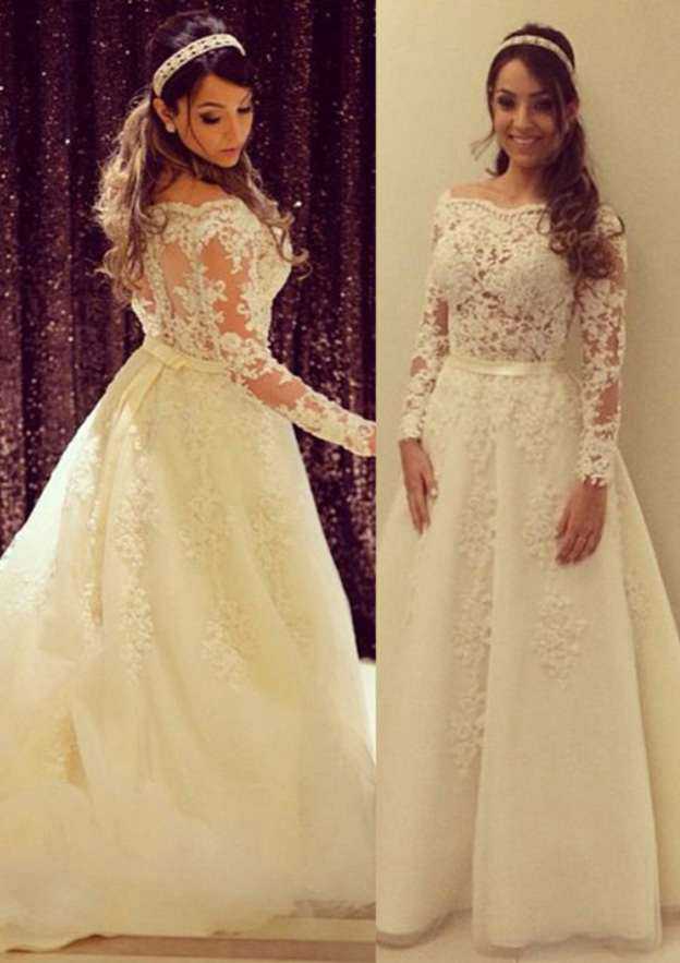 Sophisticated Appliqued Off-The-Shoulder Tulle A-Line/Princess Wedding Dress with Court Train BM bride