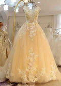 Graceful A-Line/Princess Lace Wedding Dress with Bateau Neckline and Pleated Chapel Train BM bride