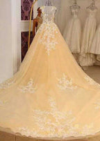 Graceful A-Line/Princess Lace Wedding Dress with Bateau Neckline and Pleated Chapel Train BM bride