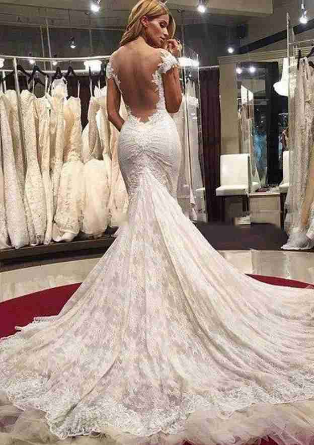 Romantic Sweetheart Trumpet/Mermaid Lace Wedding Dress with Court Train BM bride