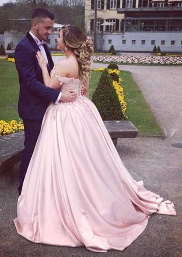 Stylish Off-the-Shoulder Court Train Elastic Satin Wedding Dress with Appliqued Details in A-Line/Princess Design BM bride