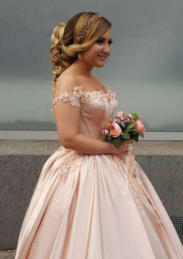 Stylish Off-the-Shoulder Court Train Elastic Satin Wedding Dress with Appliqued Details in A-Line/Princess Design BM bride