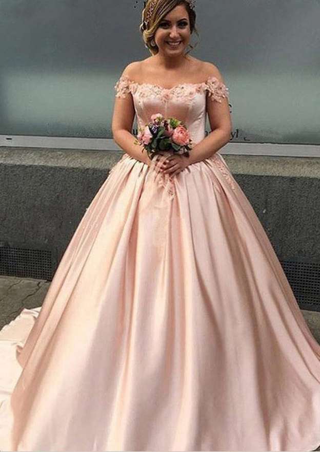 Stylish Off-the-Shoulder Court Train Elastic Satin Wedding Dress with Appliqued Details in A-Line/Princess Design BM bride