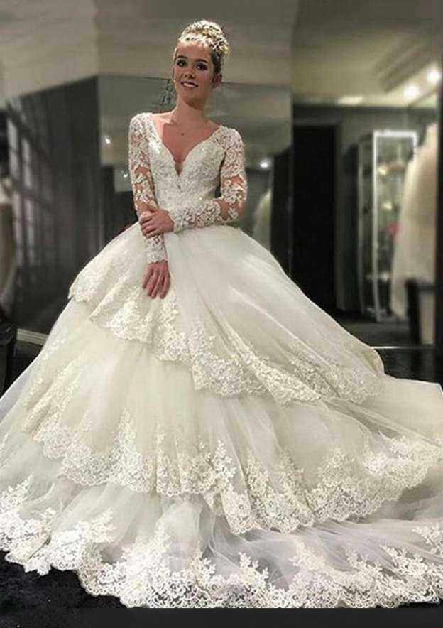 Elegant V-Neck Full-Length Tulle Wedding Dress with Covered Buttons and Layered Beading in Cathedral Train BM bride