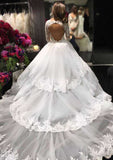 Elegant V-Neck Full-Length Tulle Wedding Dress with Covered Buttons and Layered Beading in Cathedral Train BM bride