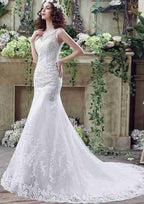 Elegant Lace Sheath/Column Tulle Bateau Wedding Dress with Court Train BM bride