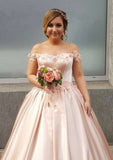 Stylish Off-the-Shoulder Court Train Elastic Satin Wedding Dress with Appliqued Details in A-Line/Princess Design BM bride