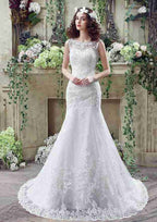Elegant Lace Sheath/Column Tulle Bateau Wedding Dress with Court Train BM bride