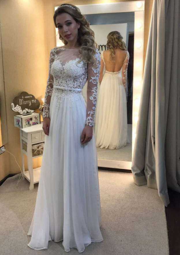 Romantic A-Line/Princess Chiffon Wedding Dress with Bateau Neckline, Appliqued Details, and Long Floor-Length Skirt BM bride