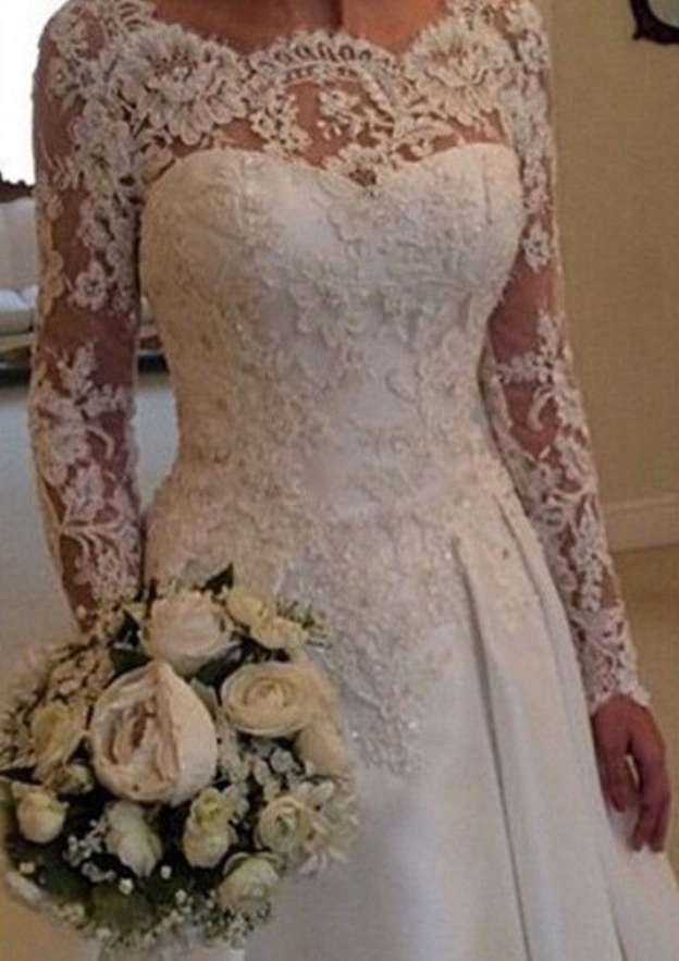 Elegant Scalloped Neck Chapel Train Satin A-Line Wedding Dress with Appliqued Lace and Beading BM bride