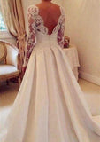 Elegant Scalloped Neck Chapel Train Satin A-Line Wedding Dress with Appliqued Lace and Beading BM bride