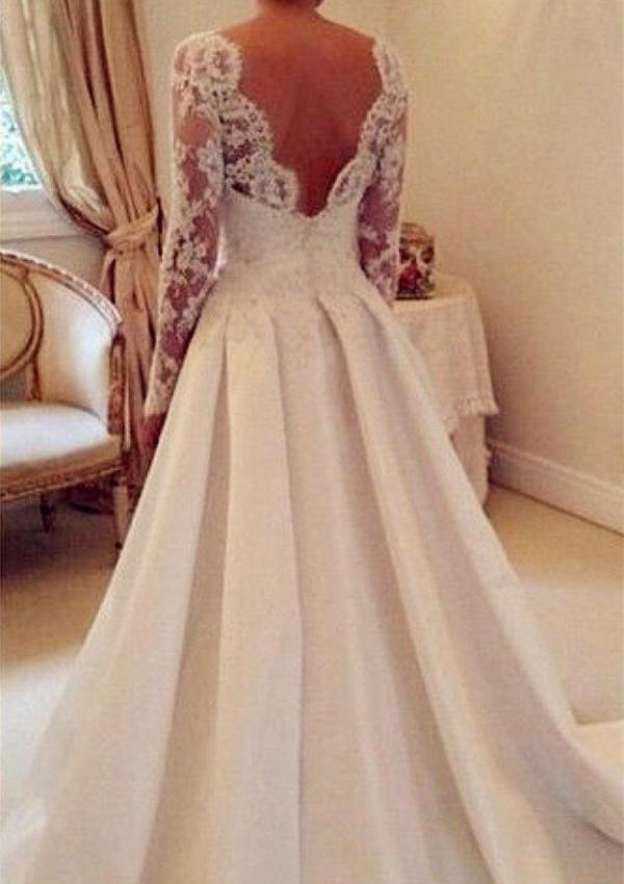 Elegant Scalloped Neck Chapel Train Satin A-Line Wedding Dress with Applique Lace and Beading BM bride