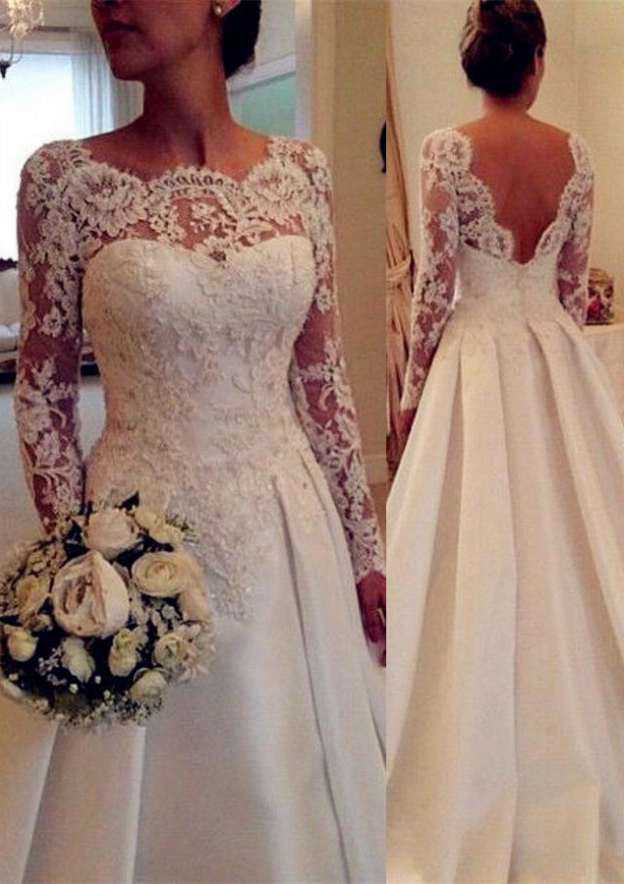 Elegant Scalloped Neck Chapel Train Satin A-Line Wedding Dress with Appliqued Lace and Beading BM bride