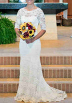 Sophisticated Lace Sheath/Column Wedding Dress with Bateau Neck and Sweep Train, Featuring Pleated Details BM bride