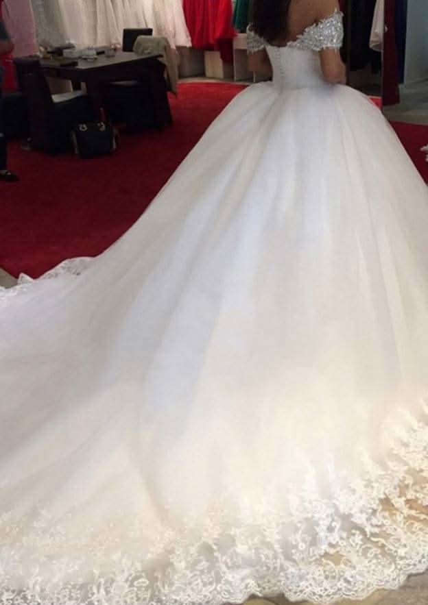 Classic Off-the-Shoulder Lace Ball Gown Wedding Dress with Cathedral Train BM bride