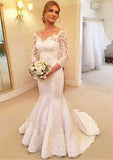 Appliqued Lace Trumpet/Mermaid Wedding Dress with 3/4 Sleeves, Off-The-Shoulder Neckline, Sweep Train, and Satin Fabric BM bride