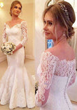 Appliqued Lace Trumpet/Mermaid Wedding Dress with 3/4 Sleeves, Off-The-Shoulder Neckline, Sweep Train, and Satin Fabric BM bride