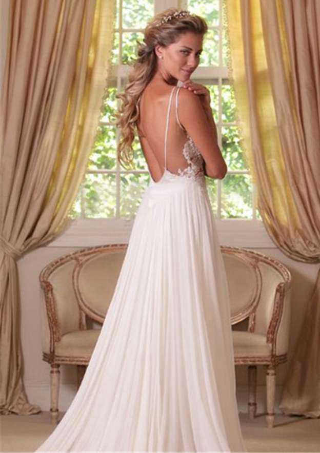 Romantic A-Line/Princess Chiffon Wedding Dress with V-Neckline, Lace Bowknot, and Sweep Train BM bride