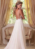 Romantic A-Line/Princess Chiffon Wedding Dress with V-Neckline, Lace Bowknot, and Sweep Train BM bride